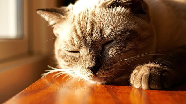Close-up of a Siamese cat napping on a wooden table near a window on a sunny day