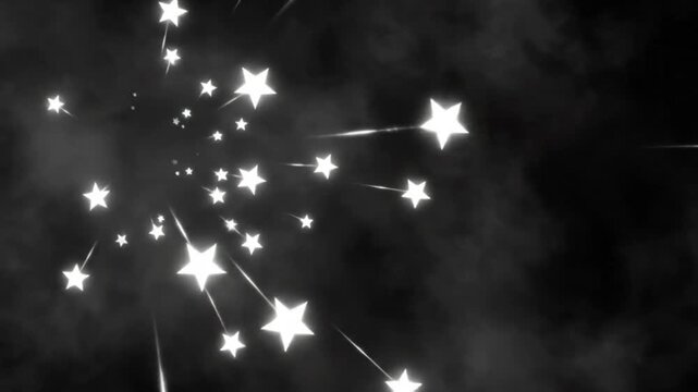Bright White Starry Meteor Shower Effect Against Dark Black Background with Smoke and Haze