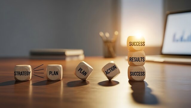 Business Strategy Steps to Success Wooden Blocks on Desk.