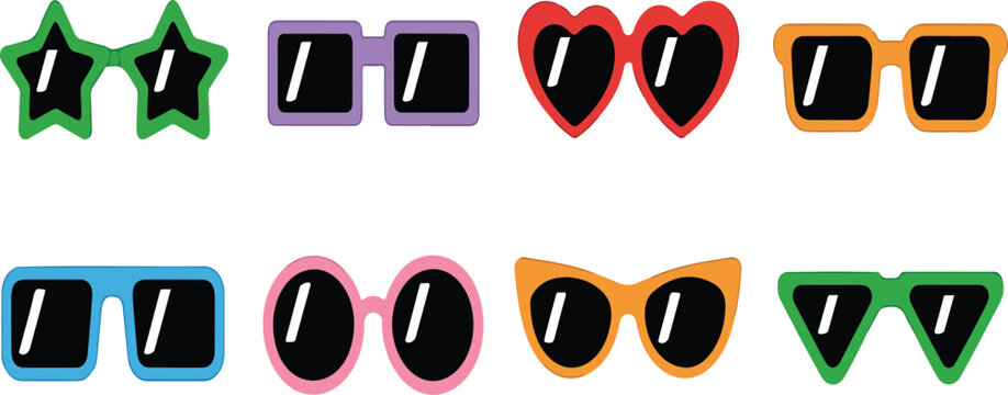 Groovy retro cartoon sunglasses collection with funky comic elements, 60s 70s 80s hippie style flat vector illustration set