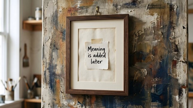 Framed note &ldquo;Meaning is added later&rdquo; on weathered wall &mdash; handwritten affirmation aesthetic photography for post-hoc narrative creation and acceptance
