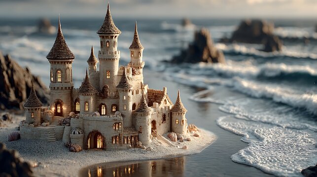 Creative sandcastle with tall turrets shells and dramatic shore shadows illustrator​