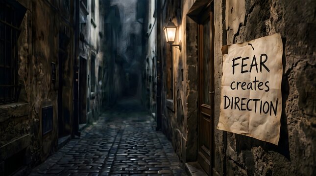 Alley wall with &ldquo;FEAR creates DIRECTION&rdquo; note &mdash; handwritten affirmation aesthetic photography reframing fear as navigational signal, not obstacle