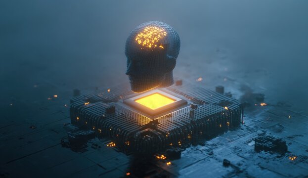 A human head surmounted on a futuristic technology base with illuminated elements