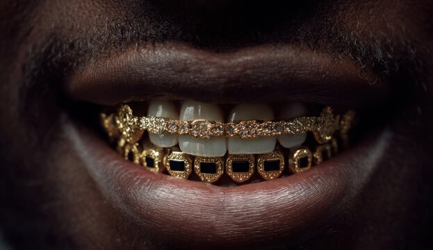 A man smiling with gold grills on teeth, showcasing jewelry and expressive mouth gesture