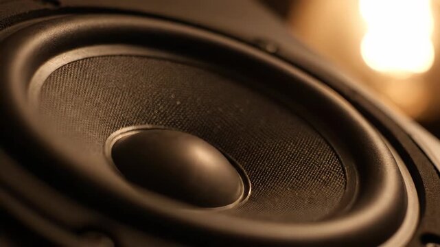 Close-up of a black speaker cone with dynamic light, audio equipment, music.
