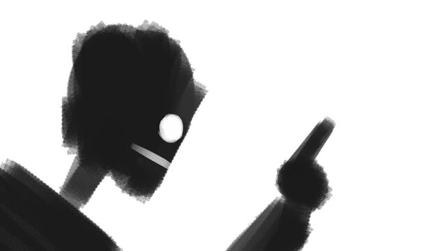 Animation of a character's shadow head with a hand. He's saying something, pointing his finger up and to the side.