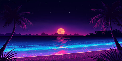 Tropical island beach with palm trees by the ocean under a colorful sunset sky © md bahar