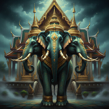 Royal Erawan Elephant Painting &ndash; Thai Mythical Guardian in Temple Fantasy Style