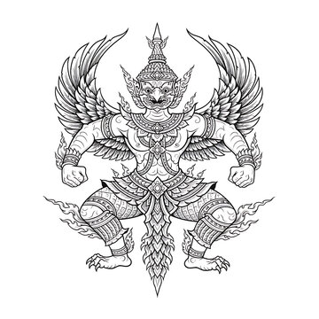 Thai Garuda Warrior Tattoo Design &ndash; Mythical Bird Power Line Art