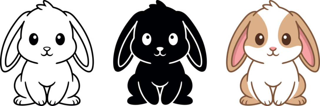 Cute cartoon rabbits in different colors sitting on white background looking friendly