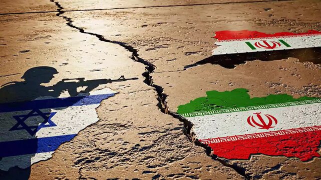 Flags of Israel and Iran on cracked ground with soldier silhouette.