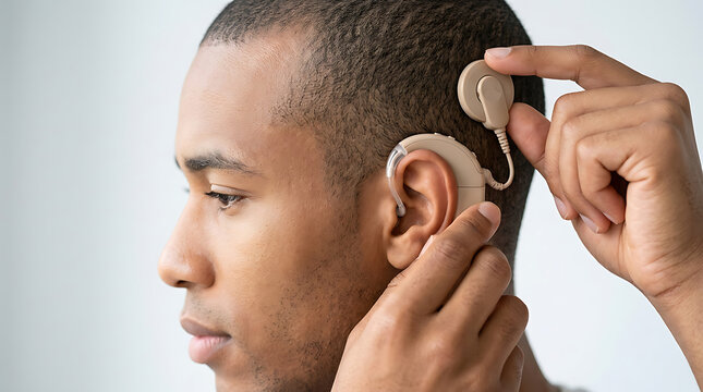 Young man adjusting his cochlear implant device on his ear to restore his hearing and communication as part of medical treatment for auditory loss