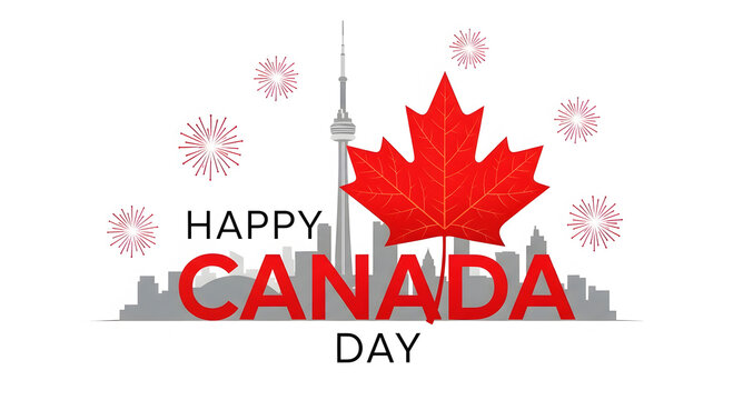 Red maple leaf and Toronto skyline with fireworks for Canada Day celebration holiday