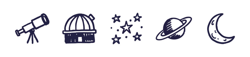 Astronomy and Space Hand Drawn Icons Set featuring Telescope Observatory and Stars © liubomir118809