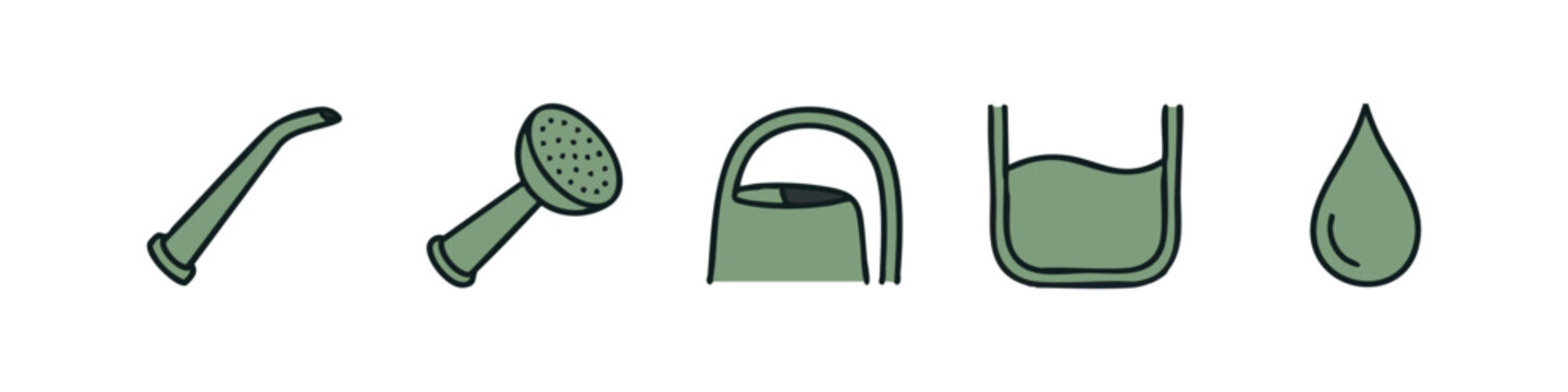 Hand drawn gardening and watering equipment icons in green