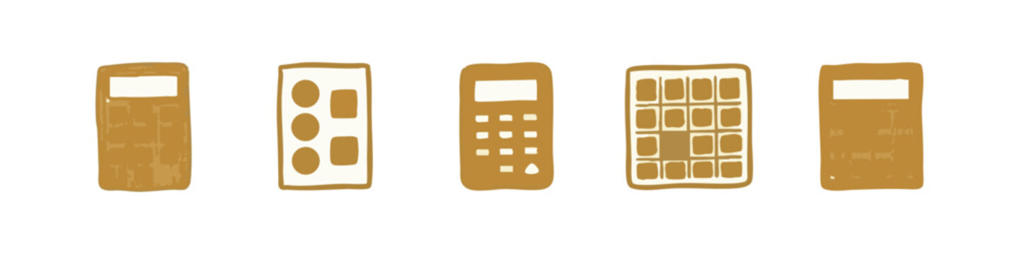 Hand drawn calculator and numeric keypad icons in gold