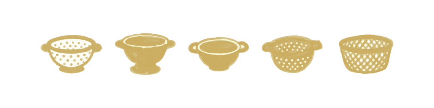 Hand drawn kitchen colander and strainer basket icons