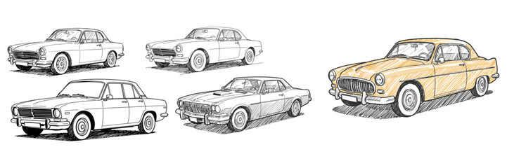 Obraz premium Vector illustration of a collection of six vintage and modern cars in various shades