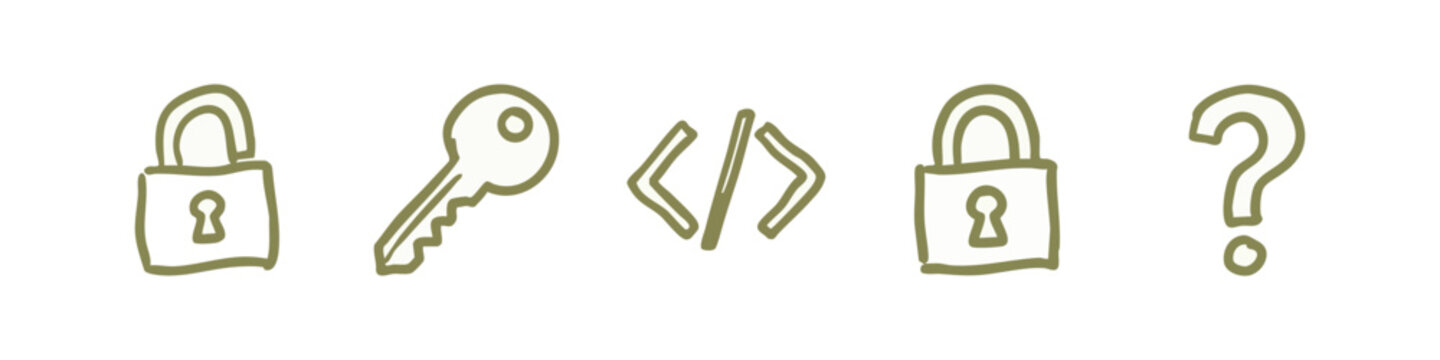 Hand-drawn security and web development icons like padlocks, key, and code tags