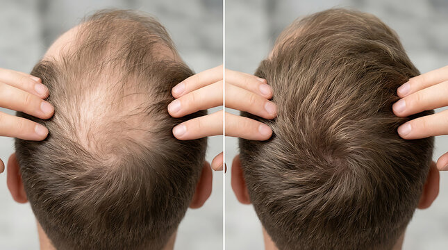 Before and after comparison of a man with hair thinning showing progress of hair restoration treatment scalp care and baldness medical procedure for male pattern hair loss