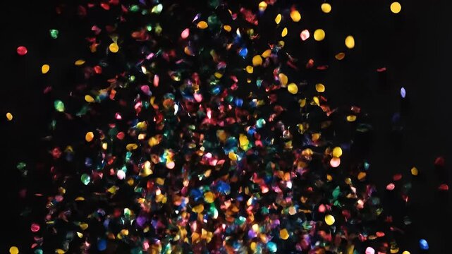 Colorful shimmering confetti falling against dark black background