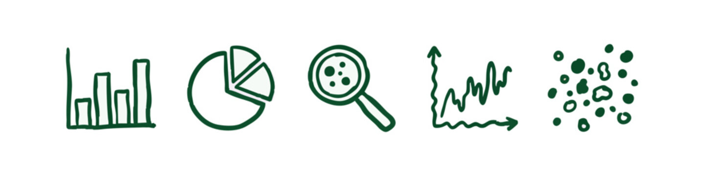 Data Analysis and Science Icons Hand Drawn Style with Graphs, Charts, and Magnifier