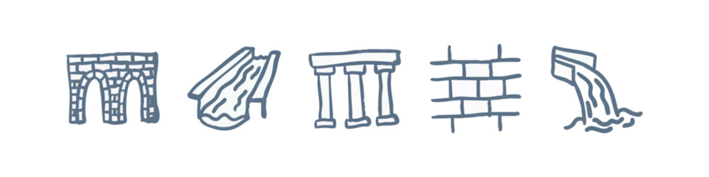 Infrastructure and Architecture Hand Drawn Icons with Bridge, Columns, and Wall