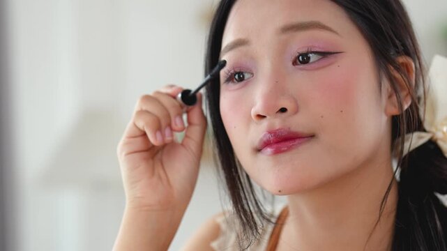 Young woman applying mascara and enhancing her eyelashes in bright, modern living space with soft natural light and elegant decor