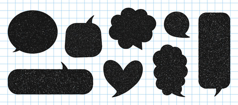 Set of Speech Bubble Message with Crayon or Chalk texture. Hand drawn doodle style comic chat box. Child cartoon talk frame. Vector illustration