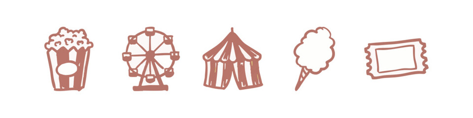 Fototapeta premium Amusement Park Icons: Popcorn, Ferris Wheel, Circus Tent, Cotton Candy, Ticket
