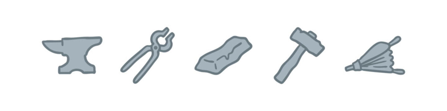 Doodle icons of blacksmith tools: anvil, tongs, metal, hammer, bellows