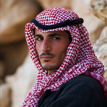 raditional Man in Red Shemagh Near Desert Rocks