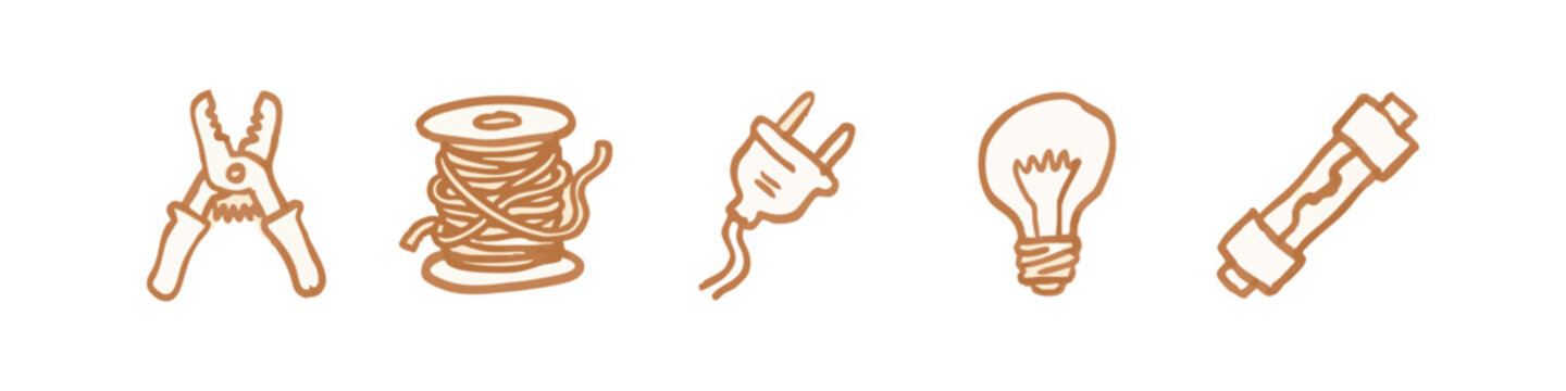 Doodle Icons: Pliers, Wire Spool, Plug, Lightbulb, Fuse