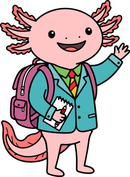 Cute Axolotl Student Cartoon Animal School Illustration