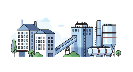 Fototapeta premium Modern industrial factory building complex with silos conveyors and smoke stacks depicted in a clean flat architectural style.