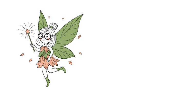 Beautiful little fairy with green wings and magic wand flying among falling leaves in a magical fantasy forest world.