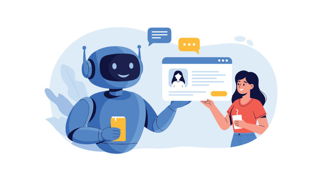 Artificial intelligence robot assistant helping woman with digital user profile and online account management service.