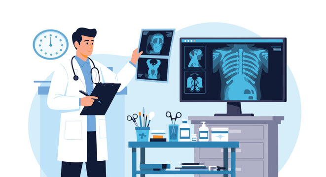 Professional doctor analyzing patient chest x-ray images on monitor and film in modern clinical office setting.