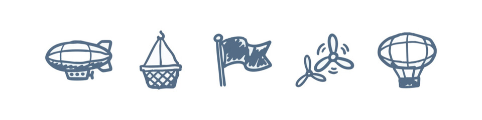Set of 5 Hand-Drawn Aviation and Flight Icons in Blue - Blimp, Basket, Flag, Propeller, and Hot Air Balloon © liubomir118809