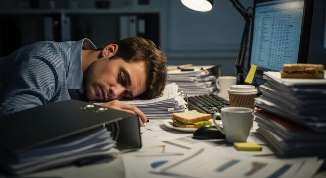 A man sleeps at a cluttered desk filled with papers, a sandwich, and a computer. The setting is dimly lit, with a desk lamp providing light.