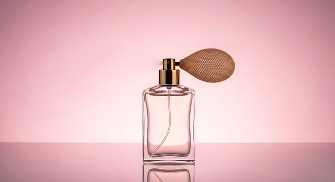 Elegant glass perfume bottle with vintage atomizer bulb reflecting on a glossy surface against a soft pink background