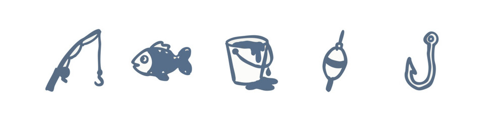 Hand-drawn fishing icons including rod, fish, bucket, bobber, and hook. © liubomir118809