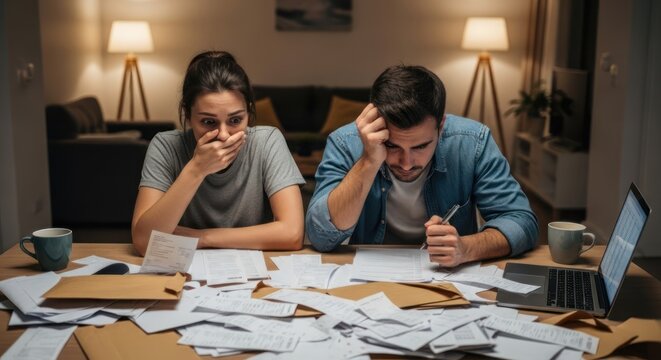 A couple is stressed over a pile of bills and documents at a table in a dimly lit living room. They appear overwhelmed and anxious, with one person covering their mouth