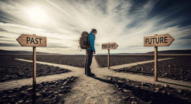 A person stands at a crossroads, contemplating the paths labeled 'Past,' 'Present,' and 'Future.' The landscape is barren, with a vast, open sky and a bright sun casting long shadows.