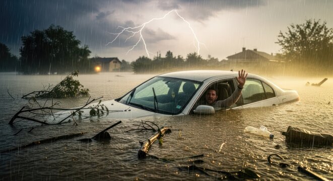 A car submerged in floodwaters with a person waving for help, surrounded by debris and lightning in the background.
