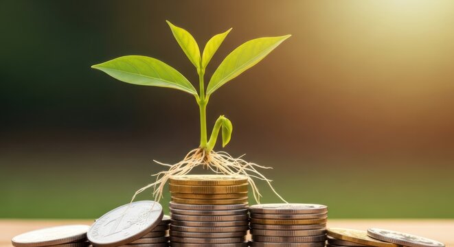 A young plant growing from a stack of coins, symbolizing financial growth and prosperity. The background is blurred, emphasizing the plant and coins in the foreground.