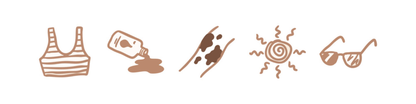 Summer and Beach Icons: Swimsuit, Sunscreen, Tan Lines, Sun, Sunglasses