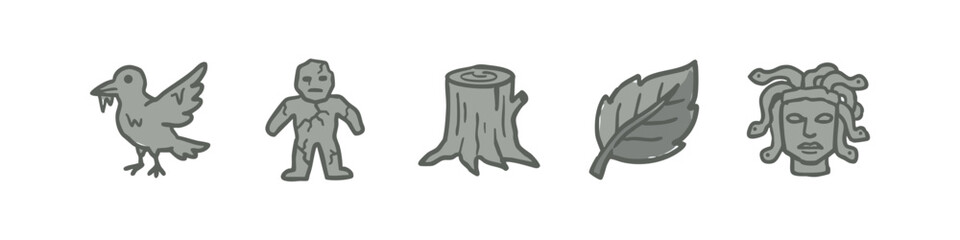 Mythical and natural elements doodle icons: bird, golem, stump, leaf, medusa © liubomir118809