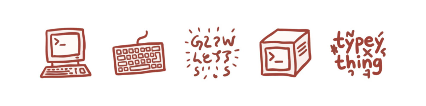 Computer and coding doodle icons: monitor, keyboard, code, terminal